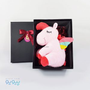 باکس هدیه ولنتاین با عروسک اسب تک شاخ نانویی