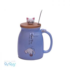 ماگ سرامیکی طرح گربه با درب چوبی