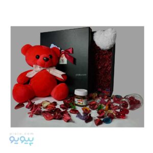پک کادو ولنتاین با عروسک خرس قرمز و قلب مخملی