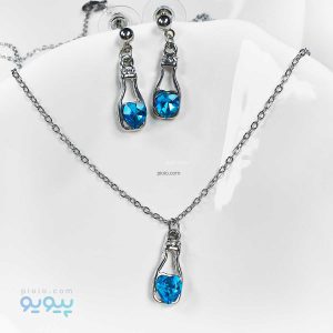 نیم ست گردنبند و گوشواره نقره ای قلبی آبی-پیویو